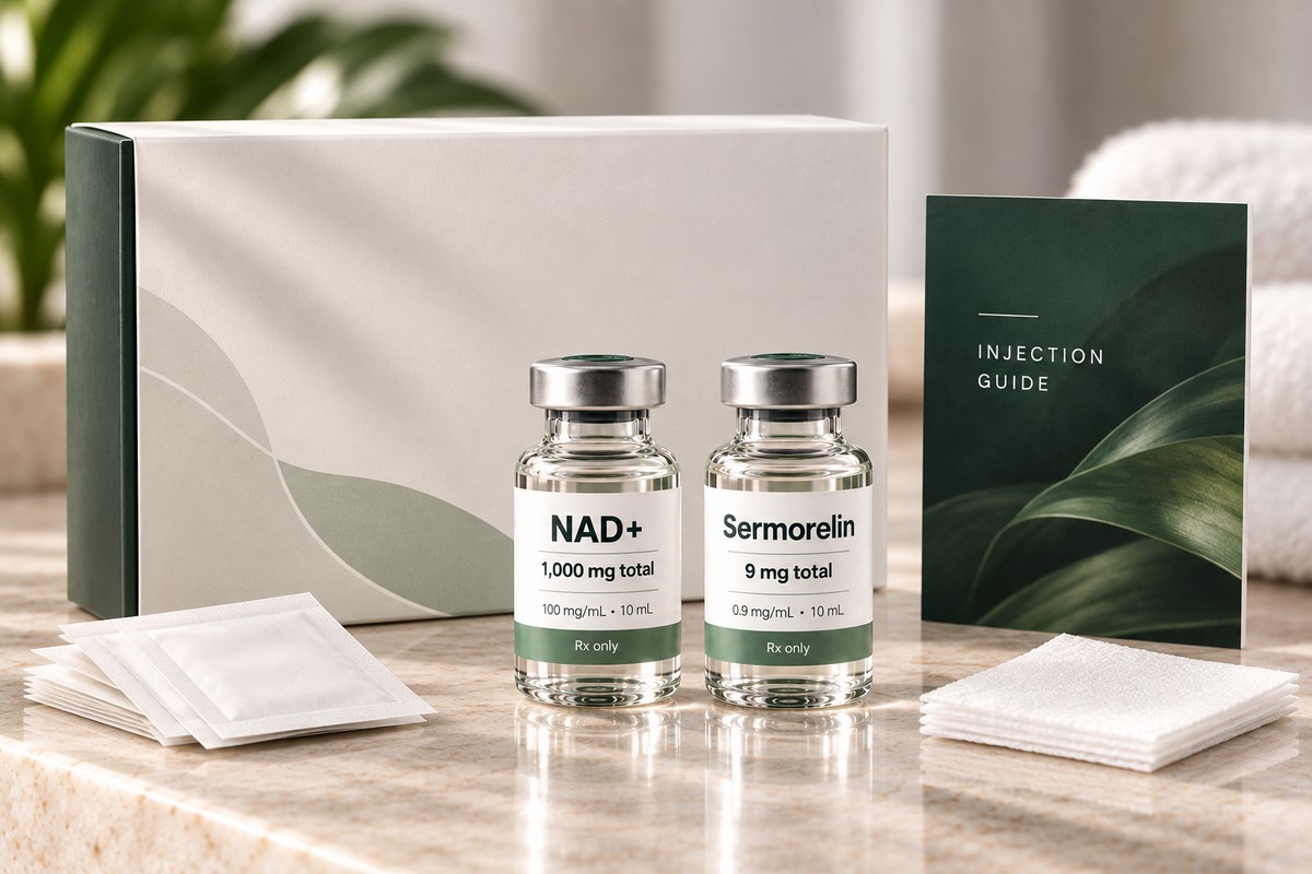 Illustration: a kit concept laid out on a stone counter: an unmarked box, vials labelled NAD+ and Sermorelin, alcohol swab sachets, gauze pads and a green folded card reading Injection Guide.