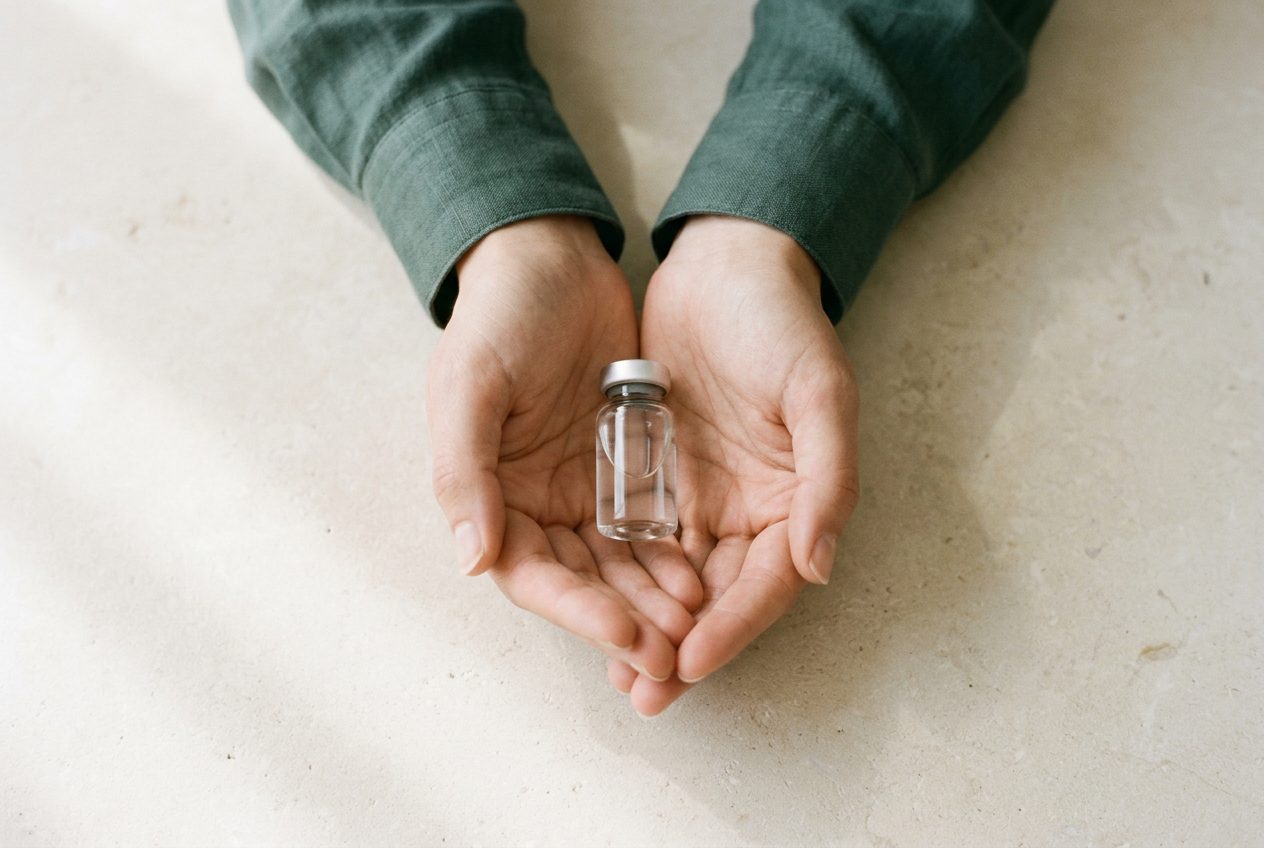 Illustration: two cupped hands holding an unlabelled glass vial. No face and no needle are shown.