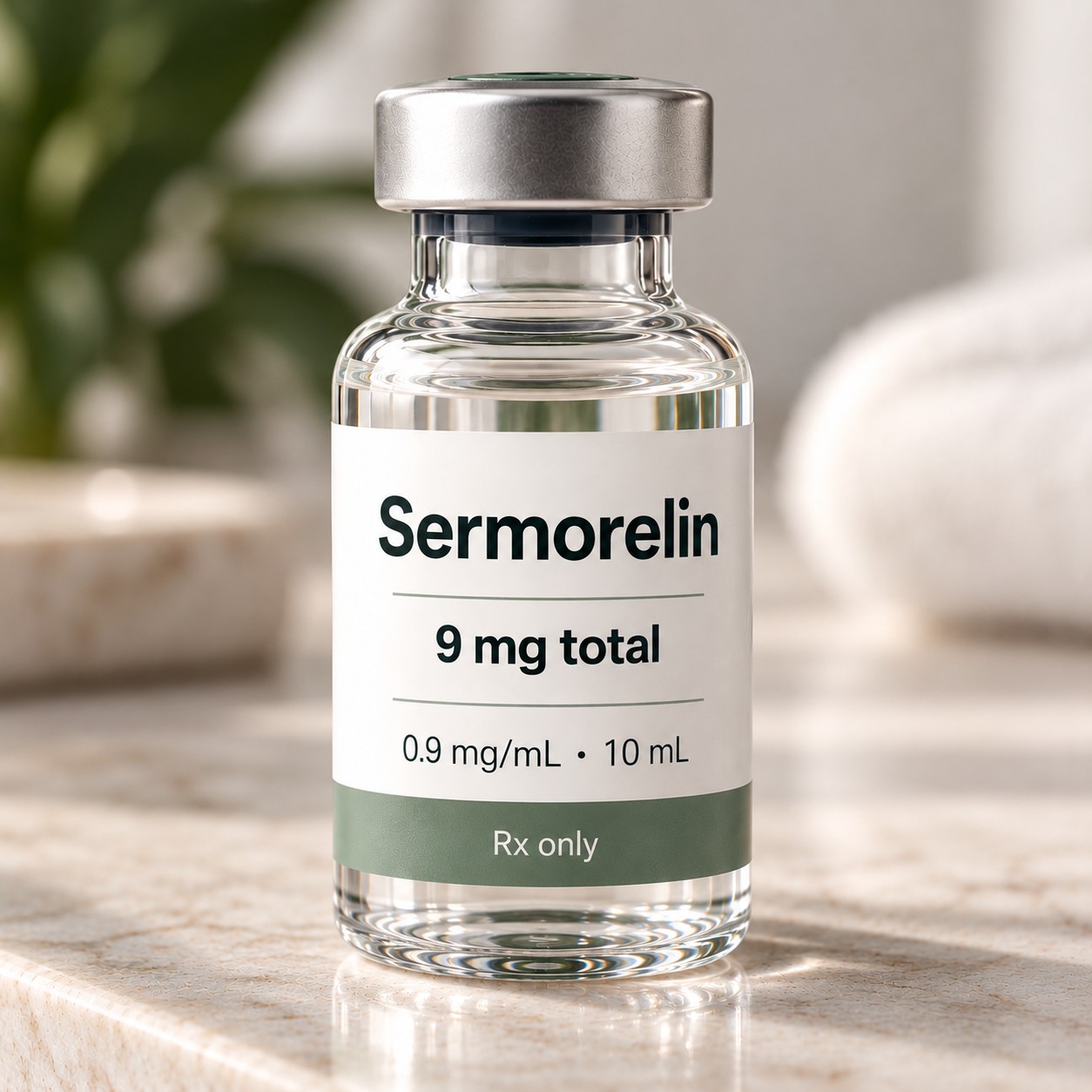 Illustration: a small clear glass vial with a silver cap and a white label with a green band, reading Sermorelin, 9 mg total, 0.9 mg/mL · 10 mL, Rx only, on a light stone counter.